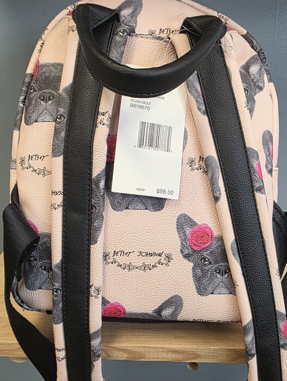 Betsey Johnson Pink French Bulldog Pattern Mini Backpack with Black Pom - Picture 6 of 10